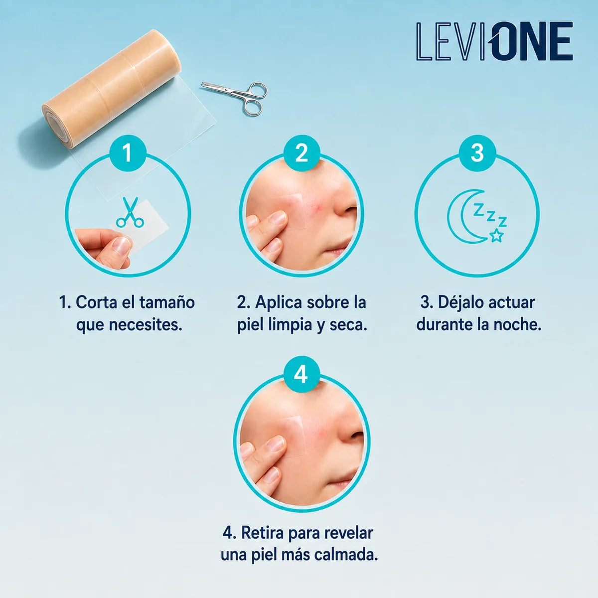 Los cuatro pasos de uso: cortar el tamaño necesario, aplicar sobre piel limpia y seca, dejarlo actuar durante la noche y retirarlo